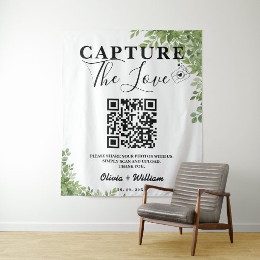 Tenture Les Feuilles verts Sage capturent le Mariage QR Am (En situation)