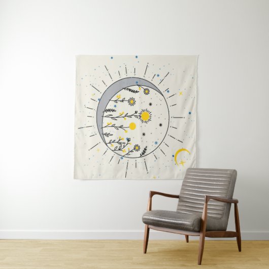 Tenture Les fleurs planent le soleil et la lune graphisme (En situation (horizontale))