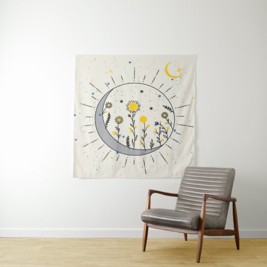 Tenture Les fleurs planent le soleil et la lune graphisme (En situation)
