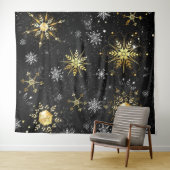 Tenture Les flocons dorés de Noël sur l'Arrière - plan noi (En situation (horizontale))