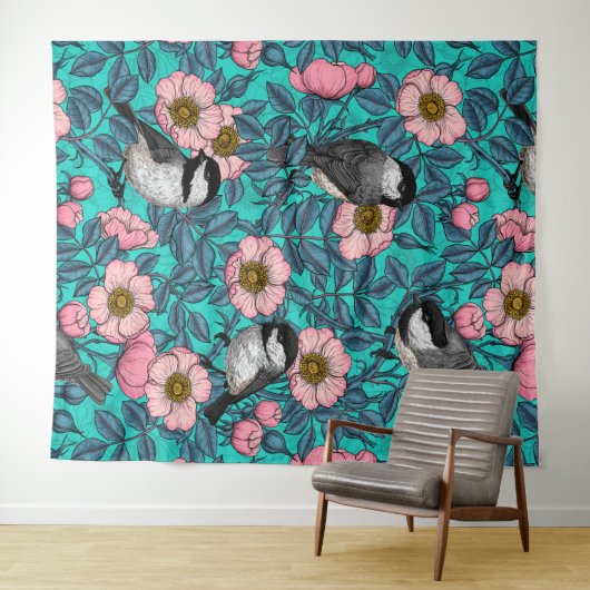 Tenture Les poulets dans la nature rose, rose et bleu (En situation (horizontale))