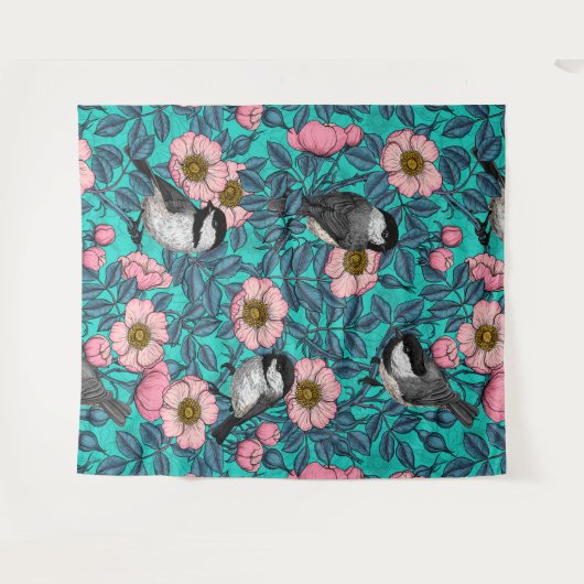 Tenture Les poulets dans la nature rose, rose et bleu (Devant (Horizontal))