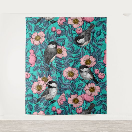 Tenture Les poulets dans la nature rose, rose et bleu (Devant)