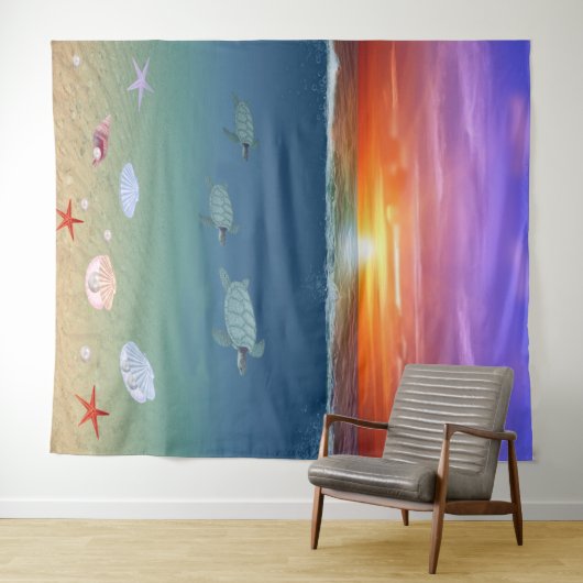 Tenture Lever de soleil sur l'océan et tortues de mer nage (En situation (horizontale))