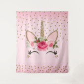 Tenture Licorne à paillettes dorées et fleurs roses tendan (Devant)