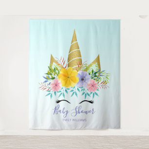 Tenture Licorne florale dorée pour baby shower