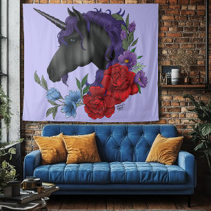 Tenture Licorne noire fleurs de jardin de minuit violet