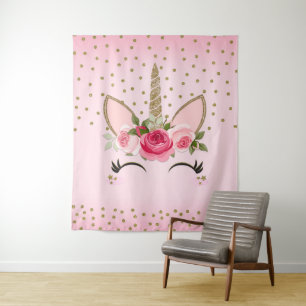 Tenture Licorne Tendance Visage Floral Rose & Paillettes D