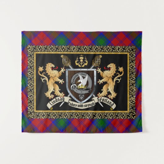 Tenture Lindsay Clan Badge & Motto avec Lions (Devant (Horizontal))