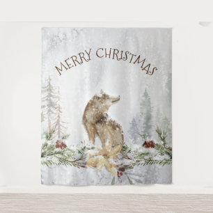 Tenture Loup de Noël dans les bois enneigés joyeux Noël