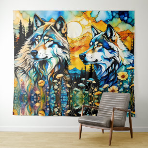 Tenture Loup gris et Fleurs sauvages
