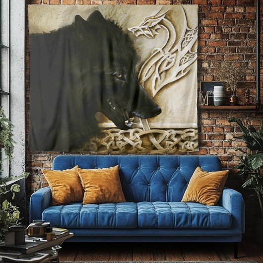 Tenture Loup noir dragon celtique entrelacs fantastique