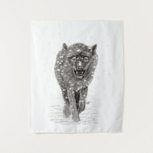 Tenture Loup noir en colère dans la neige, hiver sauvage