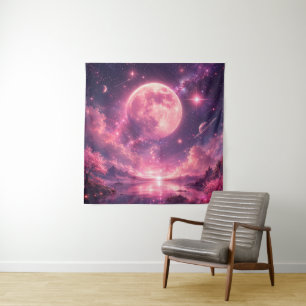 Tenture Lune rose Fleur de cerisier Fantastique Ciel noctu