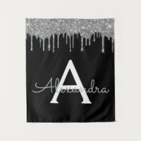 Luxueuse Glitter Glam Monogramme Nom Argent Noir