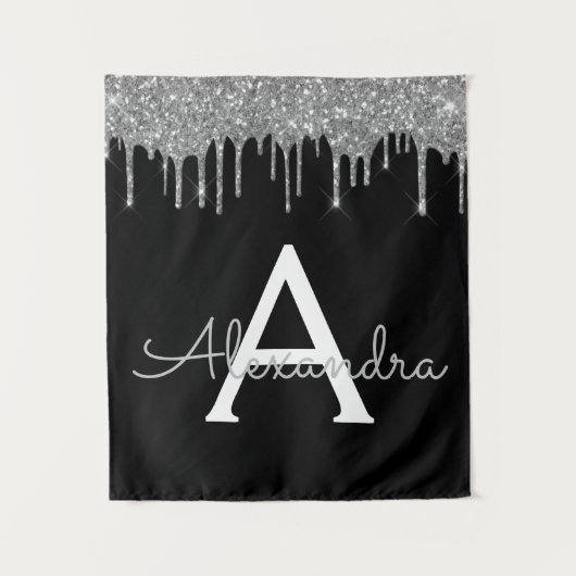 Tenture Luxueuse Glitter Glam Monogramme Nom Argent Noir (Devant)