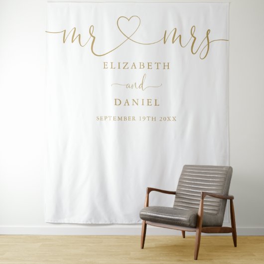 Tenture M. Mme Gold Heart Script Mariage Photo Contexte (En situation)