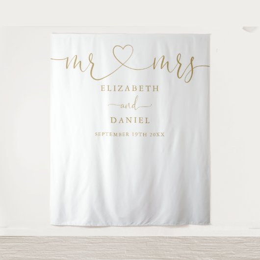Tenture M. Mme Gold Heart Script Mariage Photo Contexte (Devant)