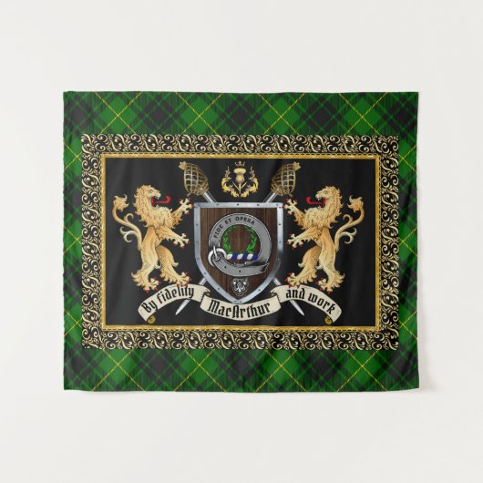 Tenture MacArthur Clan Badge & Motto avec Lions (Devant (Horizontal))