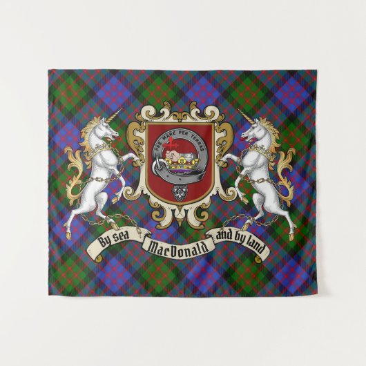 Tenture MacDonald Clan Badge & Unicorns avec Tartan (Devant (Horizontal))
