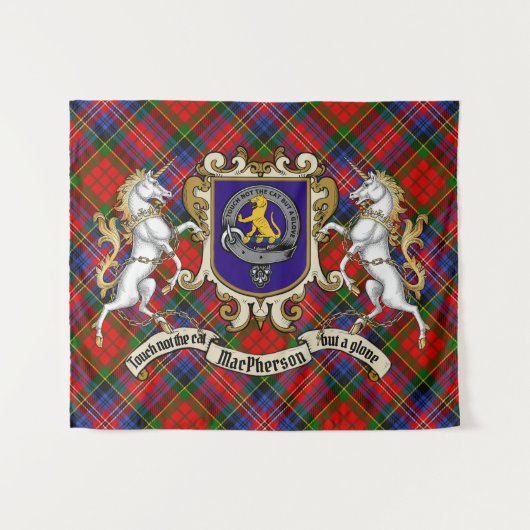 Tenture MacPherson Clan Badge & Unicorns avec Tartan (Devant (Horizontal))