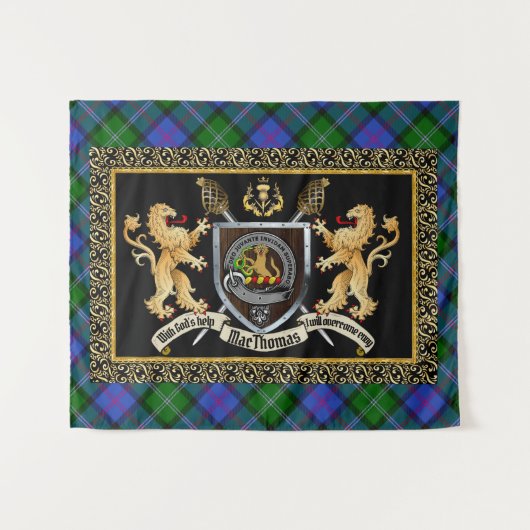 Tenture MacThomas Clan Badge & Motto avec Lions (Devant (Horizontal))