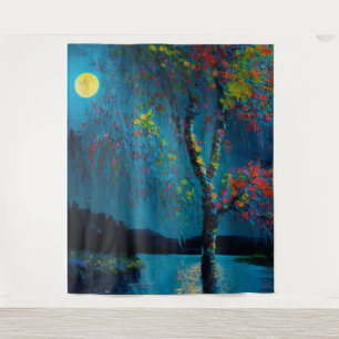 Tenture Magical Moon River Tree en style peinture à l'huil