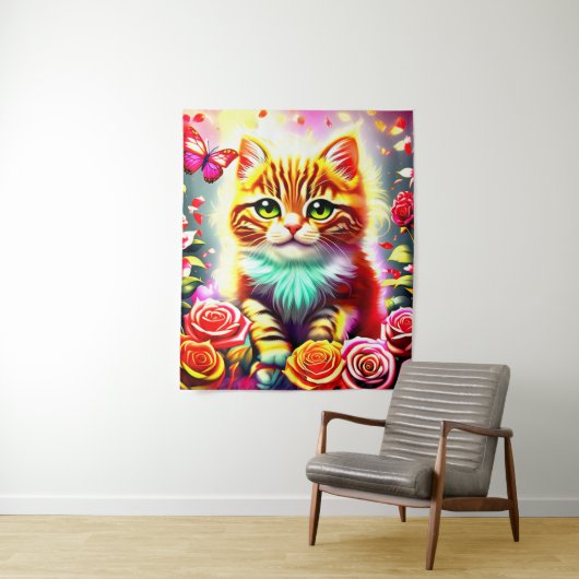 Tenture "Magical Tabby Cat with Roses and Butterfly Art Pr (En situation)