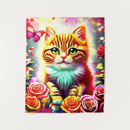 Tenture "Magical Tabby Cat with Roses and Butterfly Art Pr (Devant)