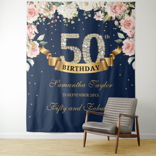 Tenture Magnifique boho marine et rose floral anniversaire (En situation)