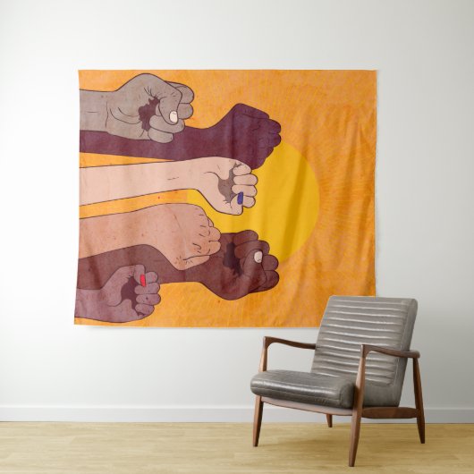 Tenture Mains avec poing soulevées sur le soleil jaune (En situation (horizontale))