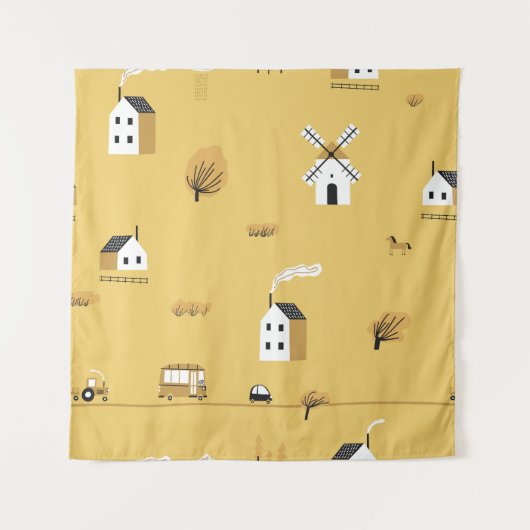Tenture Maison colorée, arbres, chevaux paysage (Devant)