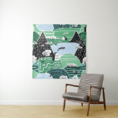 Tenture Maisons scandinaves, arbres, montagnes illustratio (En situation)