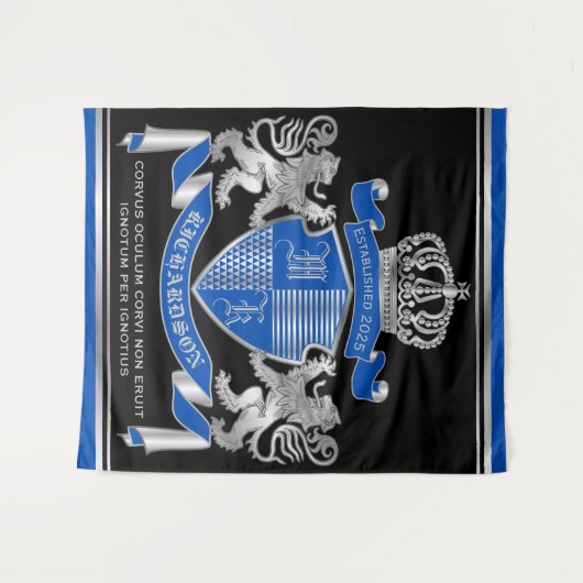 Tenture Make Your Own Coat of Arms Blue Silver Lion Emblem (Devant (Horizontal))