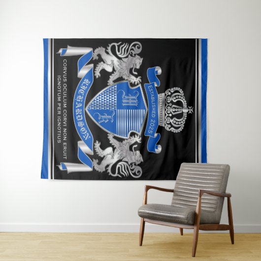 Tenture Make Your Own Coat of Arms Blue Silver Lion Emblem (En situation (horizontale))