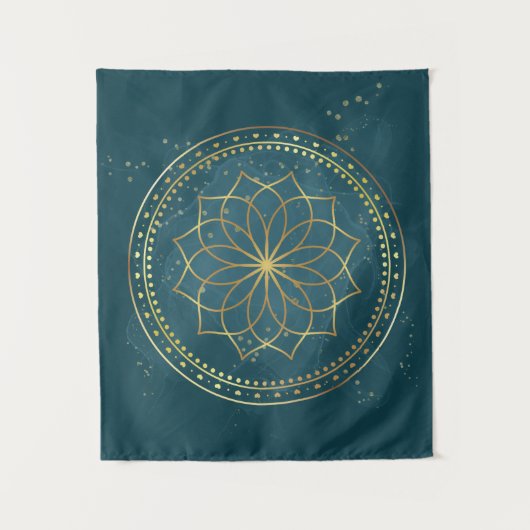 Tenture Mandala d'or en Turquoise (Devant)