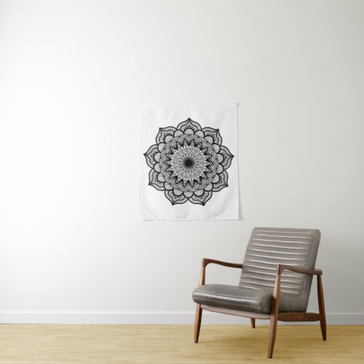 Tenture Mandala noir sur fond blanc petit (En situation)