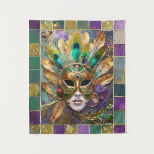 Tenture Mardi Gras Gold et vert Peacock Feature Masque