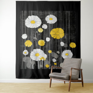Tenture Marguerites blanches et jaunes sur fond gris noir