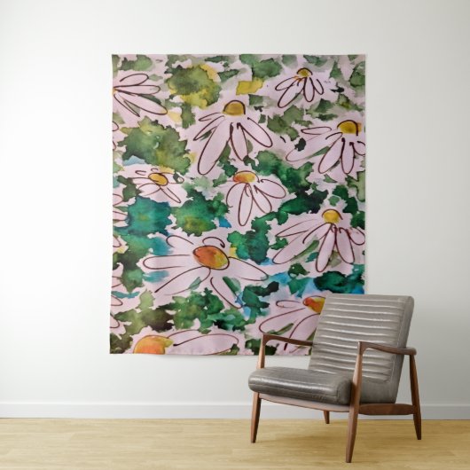 Tenture Marguerites, substrat vert, abstraction. (En situation)