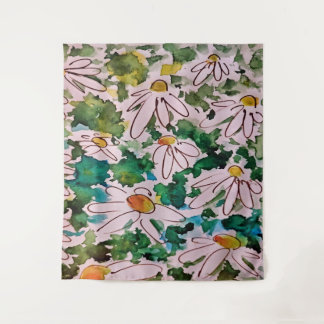 Tenture Marguerites, substrat vert, abstraction.