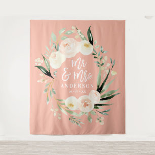 Tenture Mariage aquarelle florale M & Mme rose et vert