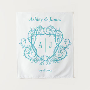 Tenture Mariage Armoirie Monogramme Turquoise Rose Décousu
