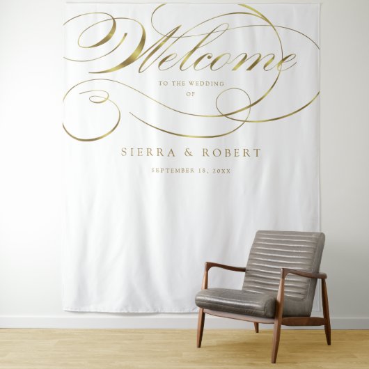Tenture Mariage Bienvenue Élégant Faux Gold Foil Script (En situation)