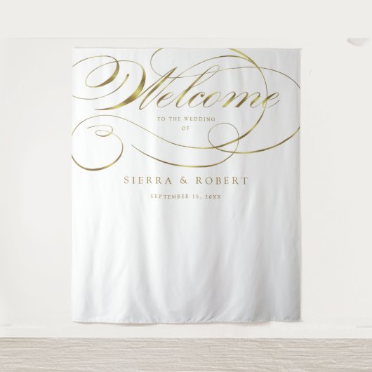 Tenture Mariage Bienvenue Élégant Faux Gold Foil Script (Devant)