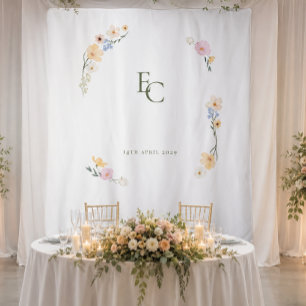 Tenture Mariage Bohème Floral Pastel Élégant Monogramme
