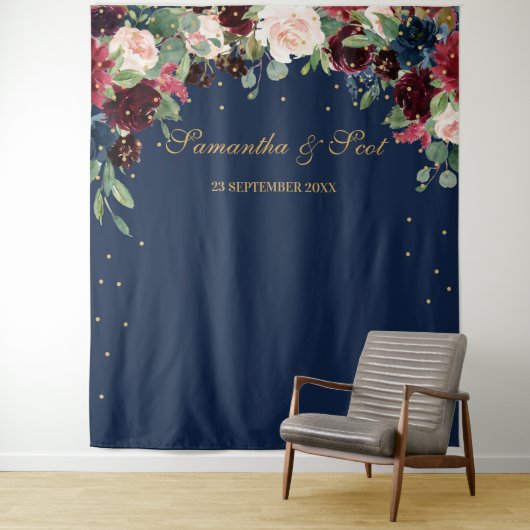 Tenture Mariage boho bleu bordeaux et bleu marine (En situation)