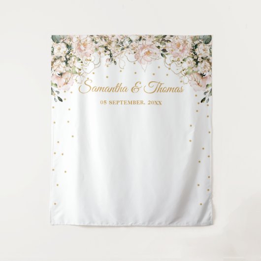 Tenture Mariage boho rose blush floral or feuilles dorées  (Devant)