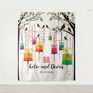 Tenture Mariage chinois de lanternes d'oiseaux colorés