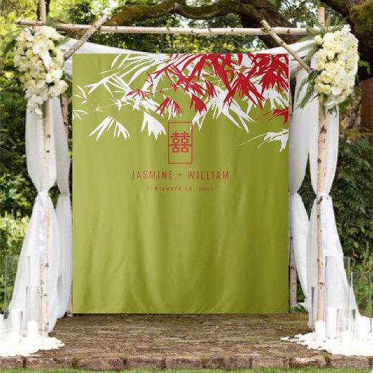 Tenture Mariage chinois Feuille en bambou vert et rouge